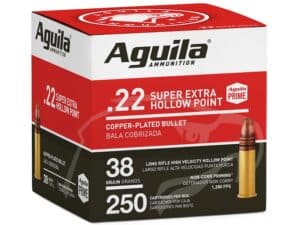 Aguila Super Extra High Velocity Ammunition 22 Long Rifle 38 Grain Plated Lead Hollow Point Bulk For Sale