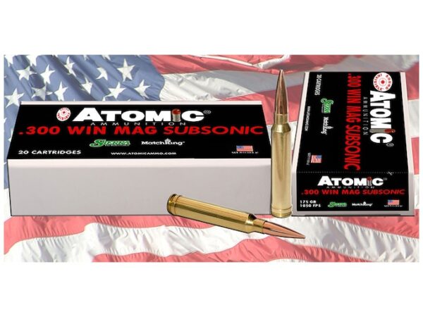 Atomic Ammunition 300 Winchester Magnum Subsonic 175 Grain Sierra MatchKing Hollow Point Boat Tail Box of 20 For Sale
