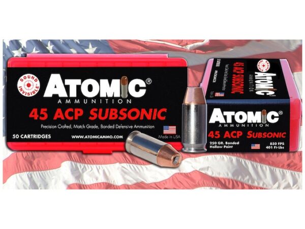 Atomic Ammunition 45 ACP Subsonic 250 Grain Bonded Match Hollow Point Box of 50 For Sale