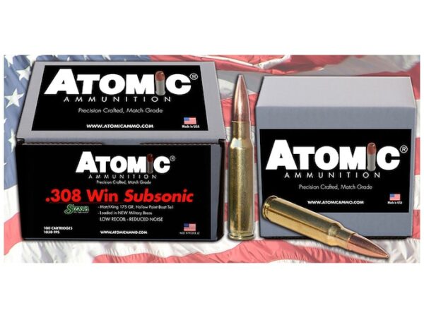 Atomic Match Ammunition 308 Winchester Subsonic 175 Grain Sierra MatchKing Hollow Point Boat Tail Box of 100 For Sale