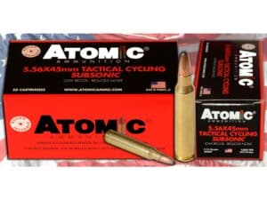 500 Rounds of Atomic Tactical Cycling Subsonic Ammunition 5.56x45mm NATO 112 Grain Expanding Round Nose Soft Point Box of 50 For Sale