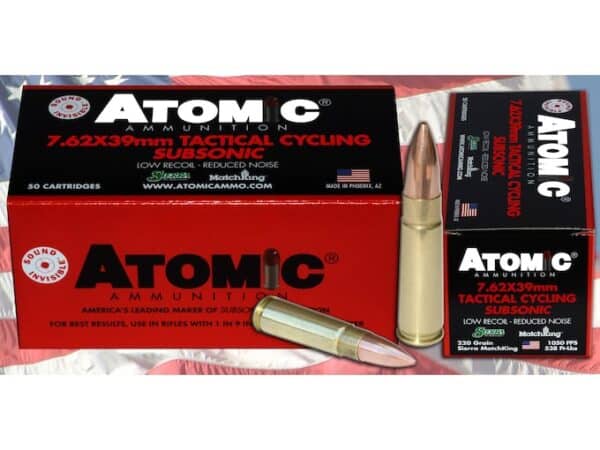 Atomic Tactical Cycling Subsonic Ammunition 7.62x39mm 220 Grain Hollow Point Boat Tail Box of 50 For Sale