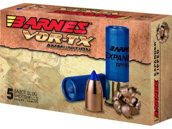 Barnes VOR-TX Ammunition 12 Gauge 438 Grain Expander Polymer Tipped Copper Sabot Slug Lead-Free Box of 5 For Sale