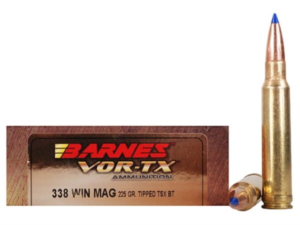 Barnes VOR-TX Ammunition 338 Winchester Magnum 225 Grain TTSX Polymer Tipped Spitzer Boat Tail Lead-Free Box of 20 For Sale