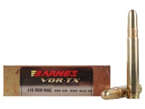 Barnes VOR-TX Safari Ammunition 416 Remington Magnum 400 Grain Banded Solid Round Nose Box of 20 For Sale