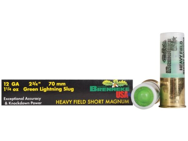 Brenneke USA Green Lightning Heavy Field Short Magnum Ammunition 12 Gauge 2-3/4" 1-1/4 oz Lead Rifled Slug Box of 5 For Sale