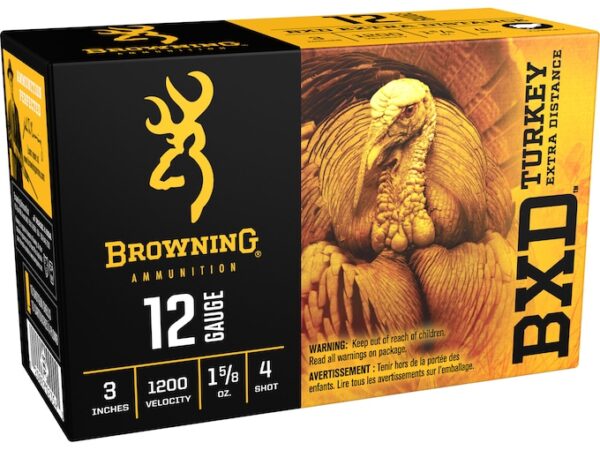 Browning BXD Extra Distance Turkey Ammunition 12 Gauge 3" 1-5/8 oz #4 Nickel Plated Shot Box of 10 For Sale