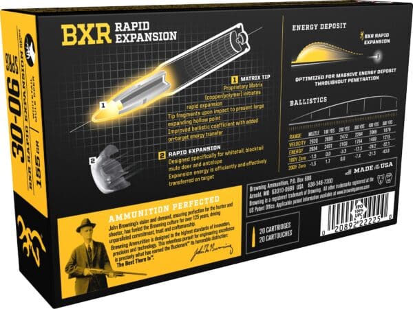 Browning BXR Rapid Expansion Ammunition 30 06 Springfield 155 Grain Matrix Tip Box of 20 For Sale 1