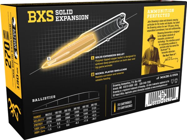 500 Rounds of Browning BXS Solid Expansion Ammunition 270 Winchester 130 Grain Solid Copper Polymer Tip Boat Tail Lead-Free Box of 20 For Sale