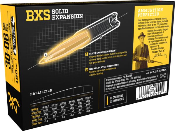 Browning BXS Solid Expansion Ammunition 30 06 Springfield 180 Grain Solid Copper Polymer Tip Boat Tail Lead Free Box of 20 For Sale 1