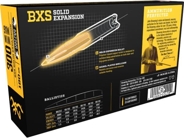 Browning BXS Solid Expansion Ammunition 300 Winchester Magnum 180 Grain Solid Copper Polymer Tip Boat Tail Lead Free Box of 20 For Sale 1