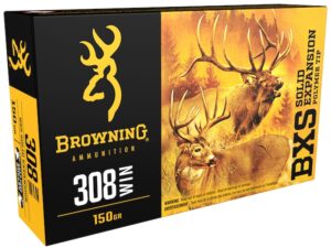 Browning BXS Solid Expansion Ammunition 308 Winchester 150 Grain Solid Copper Polymer Tip Boat Tail Lead-Free Box of 20 For Sale