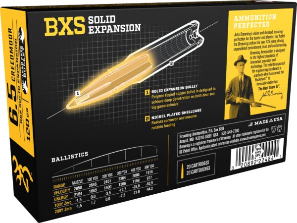 Browning BXS Solid Expansion Ammunition 6.5 Creedmoor 120 Grain Solid Copper Polymer Tip Boat Tail Lead Free Box of 20 For Sale 1