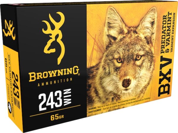 Browning BXV Varmint Expansion Ammunition 243 Winchester 65 Grain Polymer Tip Rapid Expansion Box of 20 For Sale