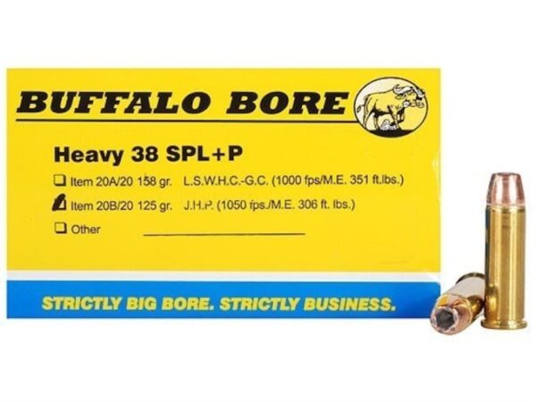 Buffalo Bore Ammunition 38 Special +P 125 Grain Jacketed Hollow Point Box of 20 For Sale
