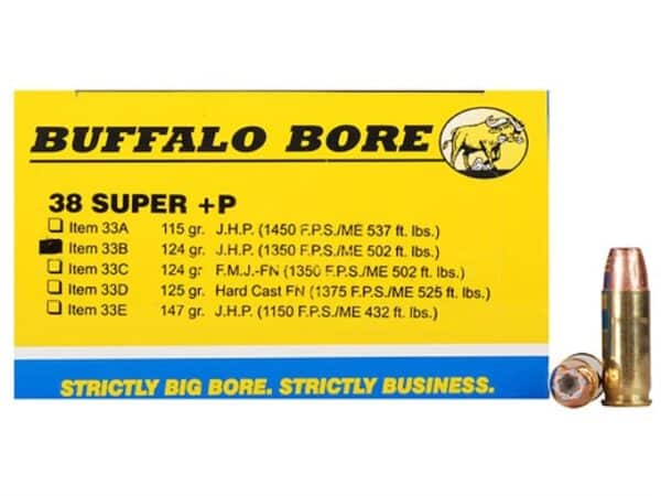 Buffalo Bore Ammunition 38 Super +P 124 Grain Jacketed Hollow Point Box of 20 For Sale