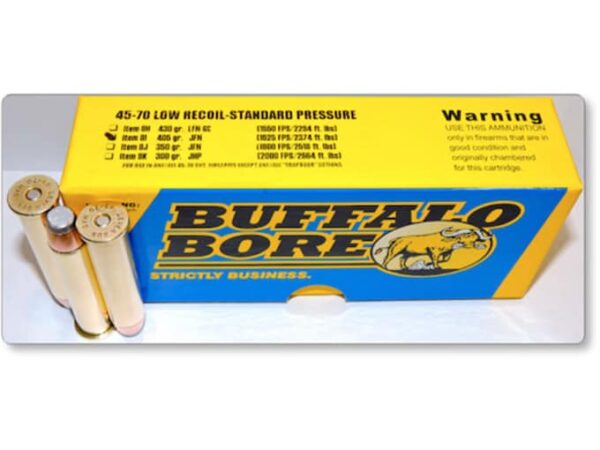 Buffalo Bore Ammunition 45-70 Government 405 Grain Jacketed Flat Nose Low Recoil Standard Pressure Full Power Box of 20 For Sale