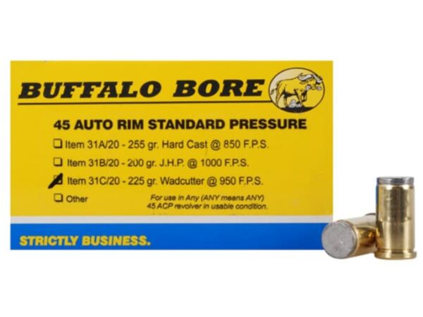 Buffalo Bore Ammunition 45 Auto Rim (Not ACP) 225 Grain Hard Cast Lead Wadcutter Box of 20 For Sale