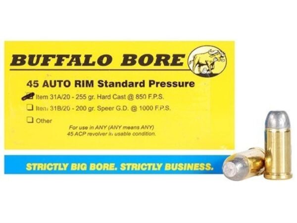 Buffalo Bore Ammunition 45 Auto Rim (Not ACP) 255 Grain Hard Cast Lead Flat Nose Box of 20 For Sale