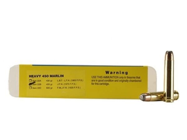 Buffalo Bore Ammunition 450 Marlin 405 Grain Jacketed Flat Nose Box of 20 For Sale