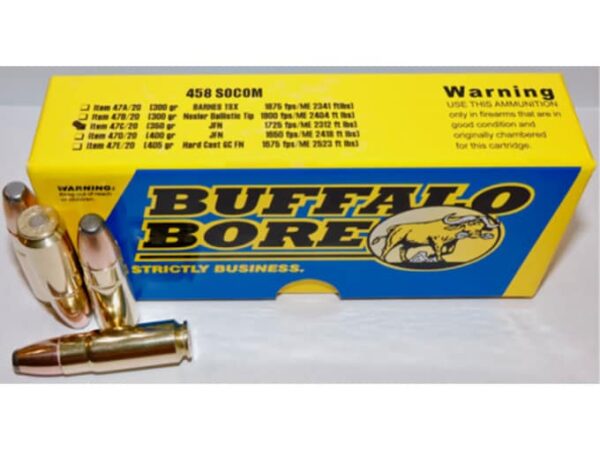Buffalo Bore Ammunition 458 SOCOM 350 Grain Jacketed Flat Nose Box of 20 For Sale