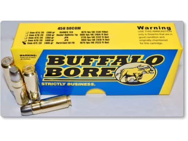Buffalo Bore Ammunition 458 SOCOM 405 Grain Hard Cast Lead Gas Check Flat Nose Box of 20 For Sale