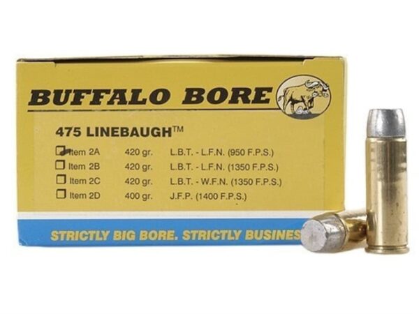 Buffalo Bore Ammunition 475 Linebaugh 420 Grain Lead Flat Nose Box of 20 For Sale