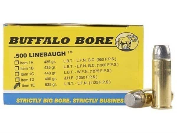 Buffalo Bore Ammunition 500 Linebaugh 525 Grain Lead Flat Nose Box of 20 For Sale