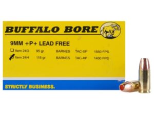 Buffalo Bore Ammunition 9mm Luger +P+ 115 Grain Barnes TAC-XP Hollow Point Lead-Free Box of 20 For Sale