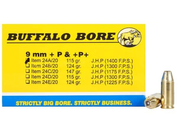 Buffalo Bore Ammunition 9mm Luger +P+ 115 Grain Jacketed Hollow Point Box of 20 For Sale