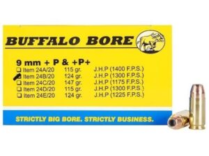 Buffalo Bore Ammunition 9mm Luger +P+ 124 Grain Jacketed Hollow Point Box of 20 For Sale