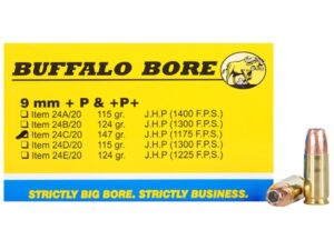 Buffalo Bore Ammunition 9mm Luger +P+ 147 Grain Jacketed Hollow Point Box of 20 For Sale