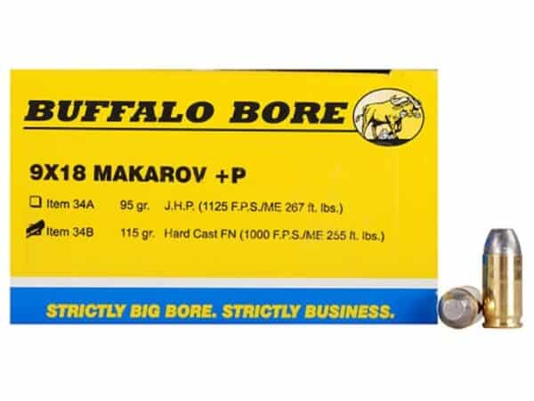 Buffalo Bore Ammunition 9x18mm (9mm Makarov) 115 Grain Hard Cast Lead Flat Nose Box of 20 For Sale