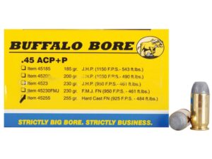Buffalo Bore Ammunition Outdoorsman 45 ACP +P 255 Grain Hard Cast Lead Flat Nose Box of 20 For Sale