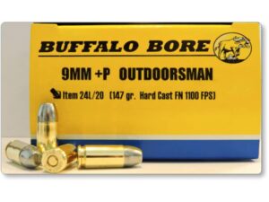 Buffalo Bore Ammunition Outdoorsman 9mm Luger +P 147 Grain Hard Cast Lead Flat Nose Box of 20 For Sale