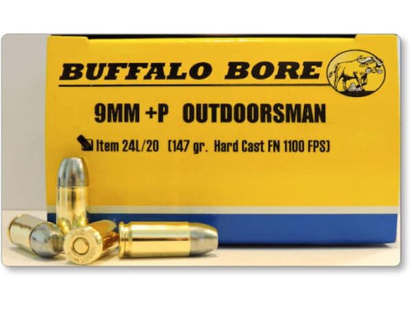 Buffalo Bore Ammunition Outdoorsman 9mm Luger +P 147 Grain Hard Cast Lead Flat Nose Box of 20 For Sale