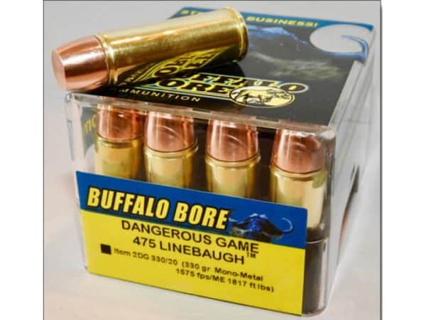 Buffalo Bore Dangerous Game Ammunition 475 Linebaugh 330 Grain Lehigh Mono-Metal Lead-Free Box of 20 For Sale