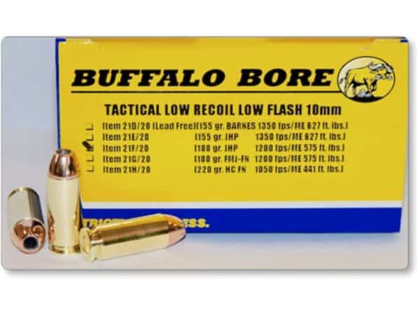 Buffalo Bore Tactical Low Recoil Ammunition 10mm Auto 180 Grain Jacketed Hollow Point Low Flash Box of 20 For Sale