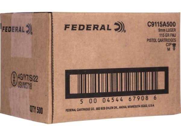 Federal Ammunition 9mm Luger 115 Grain Full Metal Jacket Box of 500 Bulk For Sale