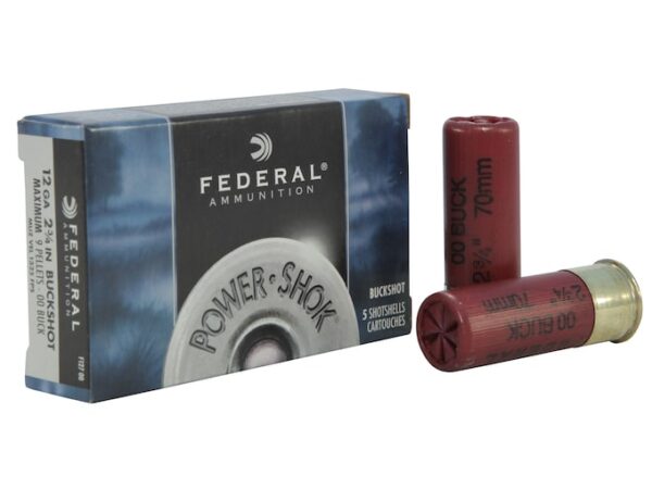 Federal Power-Shok Ammunition 12 Gauge 2-3/4" Buffered 00 Buckshot 9 Pellets Box of 5 For Sale