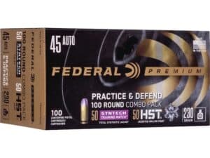 Federal Practice & Defend HST/Syntech Combo Ammunition 45 ACP 230 Grain Jacketed Hollow Point & Total Synthetic Jacket Box of 100 For Sale