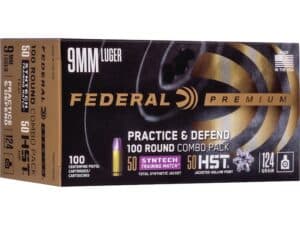 Federal Practice & Defend HST/Syntech Combo Ammunition 9mm Luger 124 Grain Jacketed Hollow Point & Total Synthetic Jacket Box of 100 For Sale
