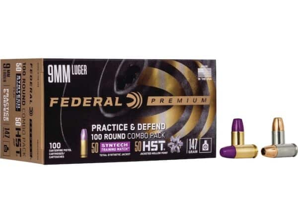 Federal Practice & Defend HST/Syntech Combo Ammunition 9mm Luger 147 Grain Jacketed Hollow Point & Total Synthetic Jacket Box of 100 For Sale