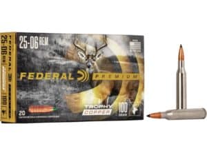 500 Rounds of Federal Premium Ammunition 25-06 Remington 100 Grain Trophy Copper Tipped Boat Tail Lead-Free Box of 20 For Sale