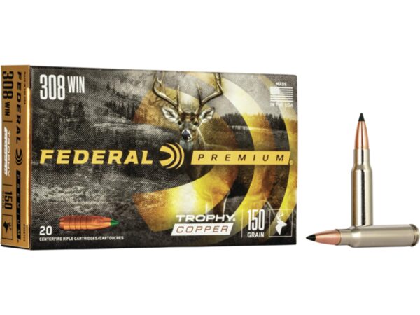 500 Rounds of Federal Premium Ammunition 308 Winchester 150 Grain Trophy Copper Tipped Boat Tail Lead-Free Box of 20 For Sale