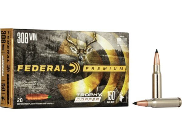 Federal Premium Ammunition 308 Winchester 150 Grain Trophy Copper Tipped Boat Tail Lead-Free Box of 20 For Sale