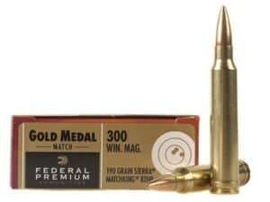 500 Rounds of Federal Premium Gold Medal Ammunition 300 Winchester Magnum 190 Grain Sierra MatchKing Hollow Point Boat Tail Box of 20 For Sale