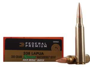 500 Rounds of Federal Premium Gold Medal Ammunition 338 Lapua Magnum 300 Grain Sierra MatchKing Hollow Point Boat Tail Box of 20 For Sale