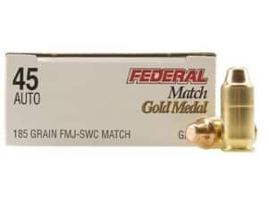 500 Rounds of Federal Premium Gold Medal Match Ammunition 45 ACP 185 Grain Full Metal Jacket Semi-Wadcutter Box of 50 For Sale