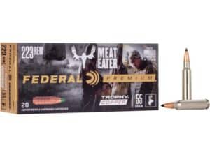 Federal Premium Meat Eater Ammunition 223 Remington 55 Grain Trophy Copper Tipped Boat Tail Lead-Free Box of 20 For Sale